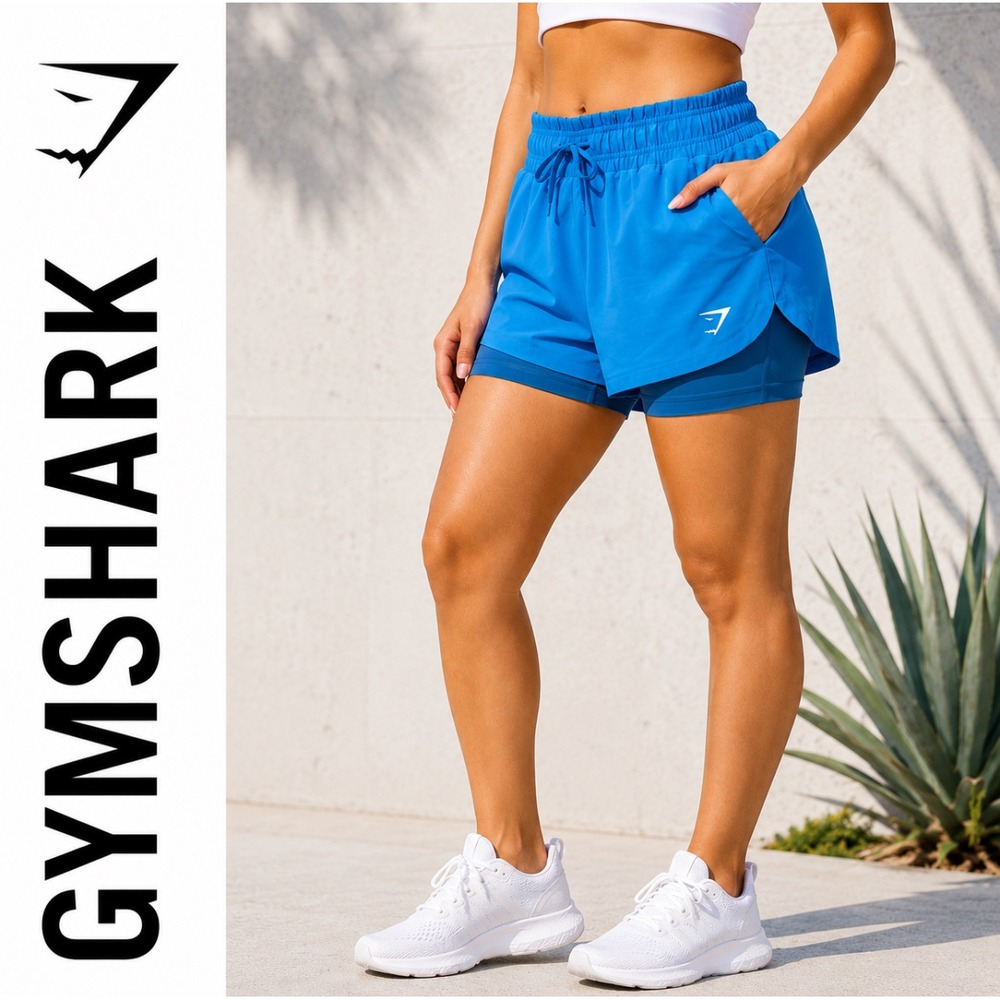 Gymshark Two-in-One Running Shorts Blue Lined Smocked Waist Womens Size S Gym